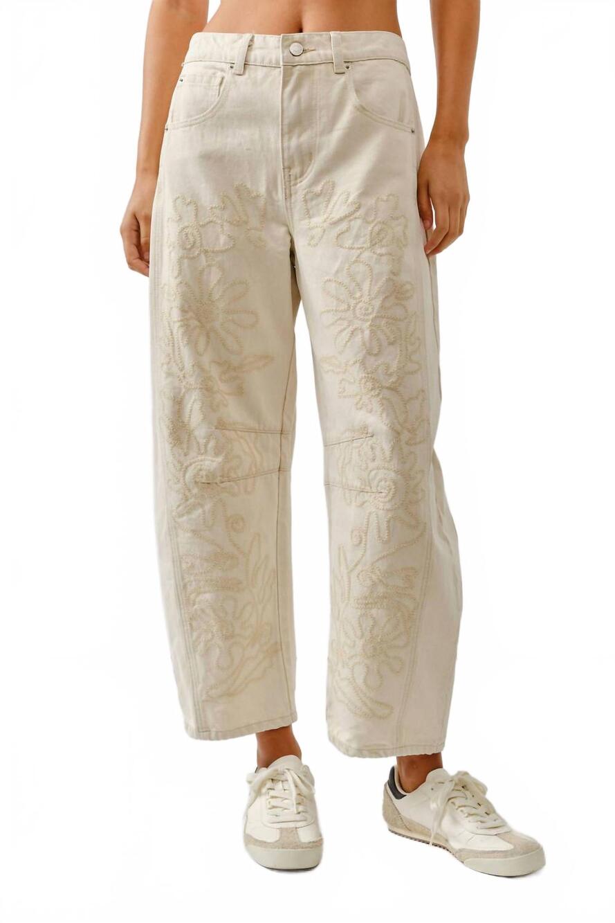 NEW AARON & AMBER embroidered detail barrel jeans in beige